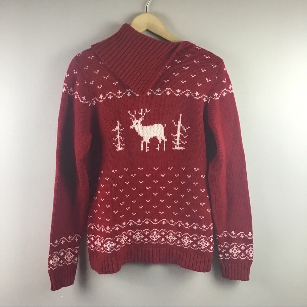 Eddie Bauer Women’s Red/White Fair Isles Reindeer Split Cowl Neck Sweater Sz. L